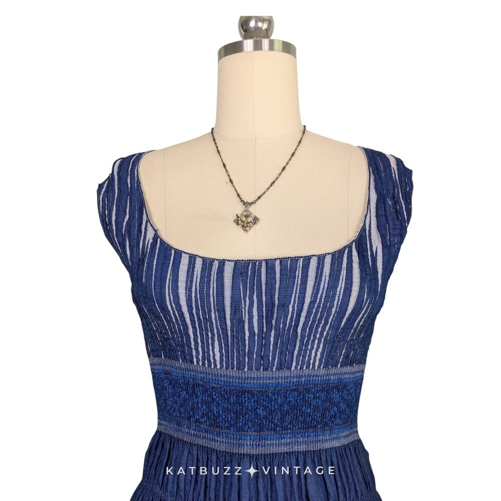 Babydoll Dress L Blue Y2K Boho Smocked Sleveless Fairy Grunge Hippie Blue White